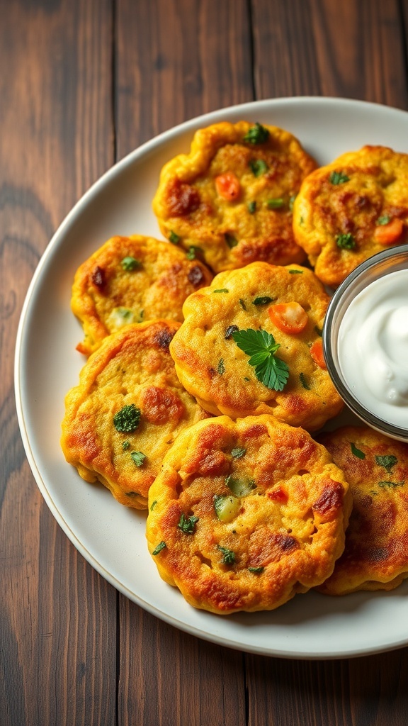 Crispy vegetable fritters on a plate with yogurt dip and herbs.